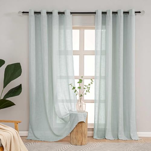 L.Z.E Grüne Gardine Kurz mit Ösen, Vorhang Grün in Leinenoptik für Schlafzimmer Fenster und Wohnzimmer Modern, 2er Set Grüne Gardinen für Kinderzimmer, Halbtransparent Kurz 145 cm Lang, 190g/㎡ von L.Z.E