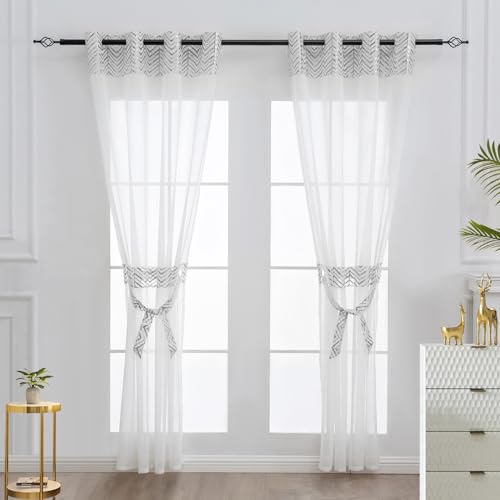 L.Z.E Gardinen Vorhänge Wohnzimmer Modern Set Silber Weiß Gardine mit Ösen Boho Vorhang Kurz Fenster Ösenvorhang 2er Set Gardinenschals mit Muster für Schlafzimmer Transparent 145 cm Lang von L.Z.E