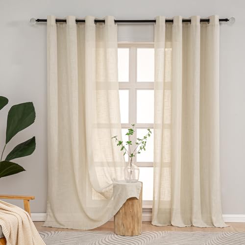 L.Z.E Kurze Gardinen Beige, Vorhang mit Ösen in Leinenoptik 2er Set Kurz, Halbtransparente Ösenschal für Wohnzimmer Fenster und Schlafzimmer, Modern Landhaus 175 cm Lang, 190g/㎡ von L.Z.E