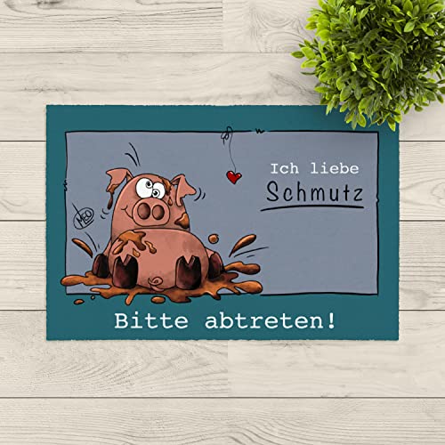 LA KO Waschbare Fußmatte 50x75cm - Designed by Maleola - hochwertig Bedruckte Fußmatte aus Deutschland (Schwein Ich Liebe Schmutz) von LA KO