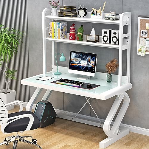 LAMEDOAT Computertisch mit Ablagefächern, Bücherregal, Computertisch aus gehärtetem Glas, Bürotisch, Arbeitstisch, Arbeitstisch (31 Zoll, weiß) von LAMEDOAT