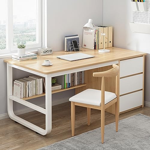 LAMEDOAT Computertisch mit Bücherregal und 3 Schubladen, Studentenschreibtisch, moderner, einfacher Lerntisch für Zuhause, Büro/Arbeitsplatz (39 Zoll, Eiche) von LAMEDOAT