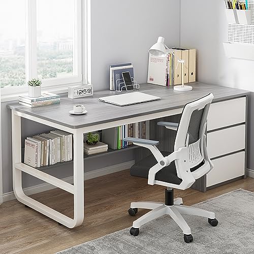 LAMEDOAT Computertisch mit Bücherregal und 3 Schubladen, Studentenschreibtisch, moderner, einfacher Lerntisch für Zuhause, Büro/Arbeitsplatz (39 Zoll, grau) von LAMEDOAT