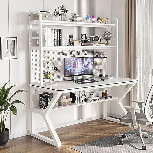 LAMEDOAT Computertisch mit Bücherregal und Stecktafel, Home-Office-Schreibtisch, moderner Studentenschreibtisch, PC-Gamer-Schreibtisch, Workstation für platzsparendes Arbeiten (39 Zoll, weiß) von LAMEDOAT