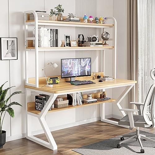 LAMEDOAT Computertisch mit Schrank und Bücherregal, PC-Arbeitsschreibtisch, Heimbüro-Schreibtisch, Arbeitsstation für Erwachsene/Studenten (39 Zoll, Walnuss + weißer Rahmen) von LAMEDOAT