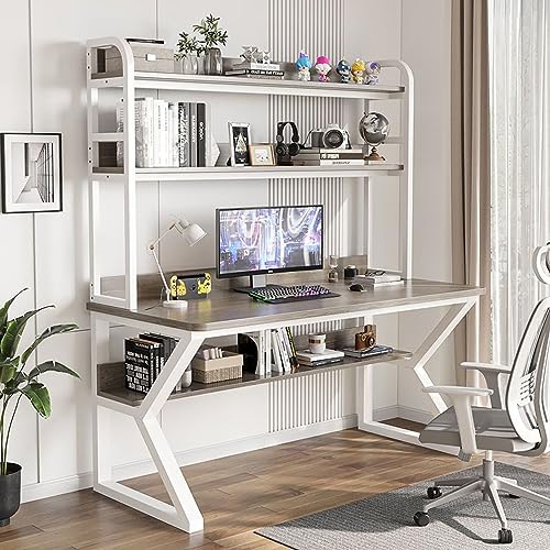 LAMEDOAT Computertisch mit Schrank und Bücherregal, PC-Arbeitstisch, Heimbüro-Schreibtisch, Arbeitstisch für Erwachsene/Studenten (31 Zoll, grau + weißer Rahmen) von LAMEDOAT