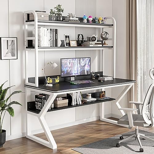 LAMEDOAT Computertisch mit Schrank und Bücherregal, PC-Studientisch Home-Office-Schreibtisch Arbeitstisch für Erwachsene/Studenten (47 Zoll, Rahmen in Schwarz + Weiß) von LAMEDOAT