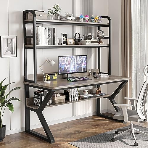LAMEDOAT Computertisch mit Schrank und Bücherregal, PC-Studientisch Home-Office-Schreibtisch Arbeitstisch für Erwachsene/Studenten (47 Zoll, grau + schwarzer Rahmen) von LAMEDOAT