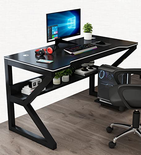 LAMEDOAT Gaming-Schreibtisch, ergonomischer PC-Computertisch, K-förmiger Gamer-Schreibtisch mit Karbonfaser-Oberfläche, Kabelmanagement, Spiel-Computertisch für das Heimbüro, schwarz, L 120 cm von LAMEDOAT