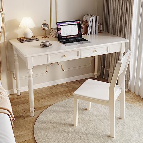 LAMEDOAT Home-Office-Schreibtische aus 100% Eichen-Massivholz, Moderne Möbel, einfacher Schreibtisch, Arbeitstisch, Home-Office-Schreibtisch, Computertisch mit 2 Schubladen (48 Zoll, weiß) von LAMEDOAT