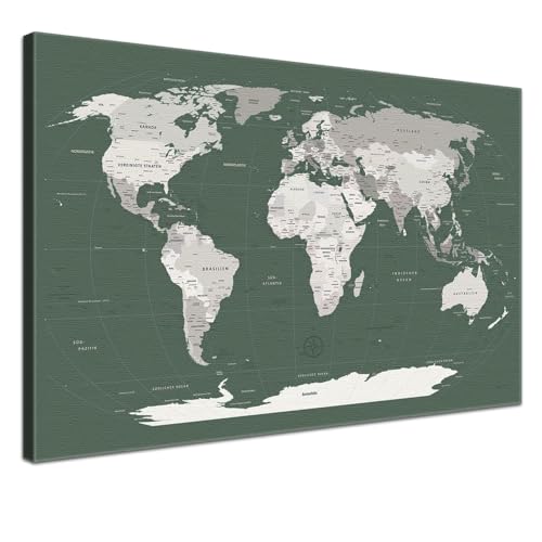 Weltkarte-Pinnwand als Leinwandbild, pinne Deine Reisen und Erinnerungen – World Map Green Smoke - Deutsch - Landkarten-Wandbild in grün, 80 x 60 cm von LANA KK