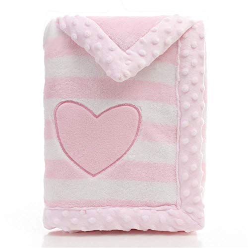 LANDOR Babydecke Doppellagig Weiche Flanell Winter Warme Streifen Babydecke Plüsch Decke Kuschelig Decke für Kinderwagen Rosa Herz von LANDOR