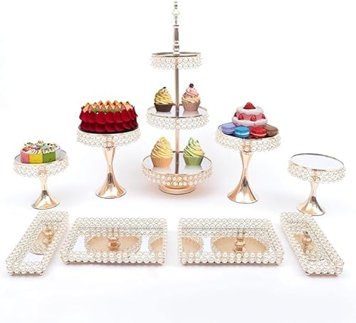 LANNADD 9 Stück Gold Cake Stand, Dessert Tisch Display Stand Metall Vintage Style Kuchen Stand Runde Quadrat Display Stand Set, für Hochzeit Geburtstag Party Baby Dusche Feier von LANNADD