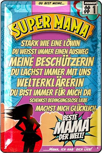 LANOLU Blechschild Mama - Geburtstagsgeschenk für Mama - SUPERMAMA - Geschenk für Mama Schild - als Muttertagsgeschenk, Muttertag-Deko für die Beste Mama - Retro Metallschild, 20x30 cm von LANOLU