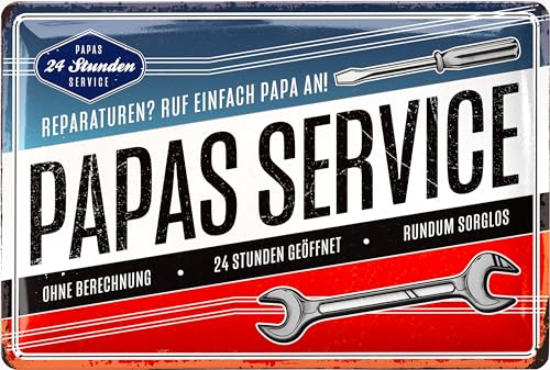 LANOLU Retro Blechschild PAPAS SERVICE - Schild Werkstatt Papa - Geburtstagsgeschenk, Vatertagsgeschenk Schild für Vater, lustige retro Deko mit Spruch - vintage Metallschild, 20x30 cm von LANOLU