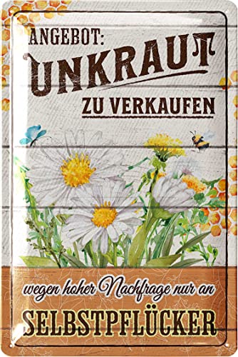 LANOLU Retro Blechschild UNKRAUT Blechschilder Garten mit Sprüchen - nostalgische Dekoration als Gärtner Geschenke - Retro Deko Vintage Metallschild Garten in Holz Optik 20x30cm von LANOLU