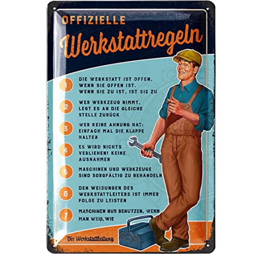 LANOLU Retro Blechschild Werkstatt Schild - lustige Werkstattregeln für Männer - wichtige Regeln für die Werkstatt, KFZ Mechaniker Geschenk Vatertag, Garagen Deko Metallschild 20x30cm von LANOLU