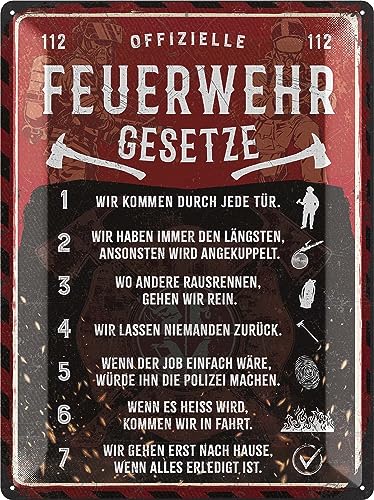 LANOLU XXL Retro Blechschild - Feuerwehrregeln - Feuerwehrmann Geschenke für Männer, Geschenkideen für Männer, Feuerwehr Deko Schild - Metallschild mit Stanzung in 30x40cm von LANOLU