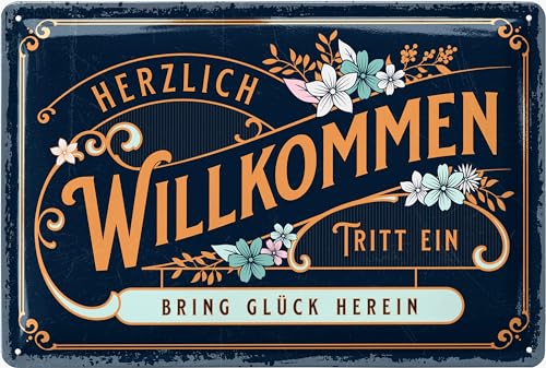 LANOLU Retro Blechschild HERZLICH WILLKOMMEN Schild - willkommen Deko Garten, Schild für Haustür und Eingangstür mit Spruch - Willkommensschild als Türdeko - Türschild, 20x30 cm von LANOLU