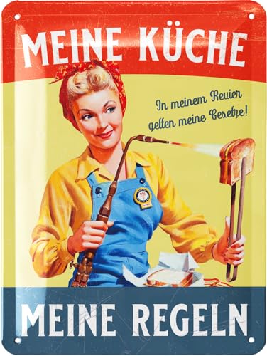 LANOLU Retro Blechschild Küche - Vintage Schild mit Spruch - MEINE KÜCHE MEINE REGELN - lustige Wanddeko Küche - Poster als Metallschild mit Stanzung 15x20 cm von LANOLU