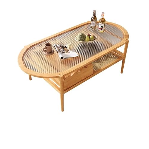 LAPADULA Beistelltisch Japanischer Stil Holz Wohnzimmer Kleiner Couchtisch aus Massivholz Changhong Glas Rattan Multifunktionaler ovaler Teetisch Sofa-Couchtisch von LAPADULA