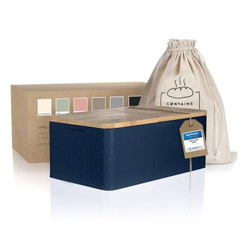 LARS NYSØM Brotkasten I Brotbox aus Metall mit Brotsack aus Leinen für langanhaltende Frische I Brotdose mit hochwertigem Bambusdeckel verwendbar als Schneidebrett I 34x18.5x13.5cm (Navy Blue) von LARS NYSØM