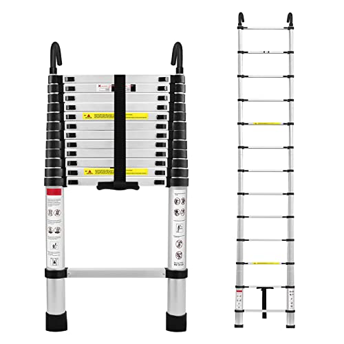 LARS360 3,8m Teleskopleiter aus Aluminium mit Abnehmbaren Haken, Rutschfesten Füßen, Aluleiter Klappbar, Dachbodenleiter, Tragfähigkeit 150 kg, Zusammengeklappte Höhe 83,5 cm, Silber, LARS-(HAG8592A) von LARS360