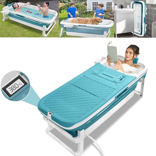 LARS360 Badewanne Erwachsene Faltbare 132 x 61 x 54 cm Klappbare Mobile Badewanne mit abnehmbare Abdeckung, Thermometer, Massagerollen Lagerregal, Kissen, Blau von LARS360