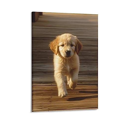 Running Little Golden Retriever Leinwand Kunst Poster Holzdeck Rustikale Wandposter Schlafsaal Dekor Malerei Kunst von LAVIYE