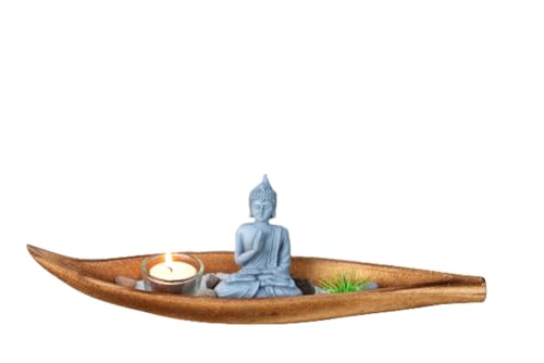 Dekotablett Set Teelichthalter Buddha Steine Deko-Gras Kerzentablett 38cm modern Edel mit Dekoteller/Dekosteine (Buddha) von LB H&F