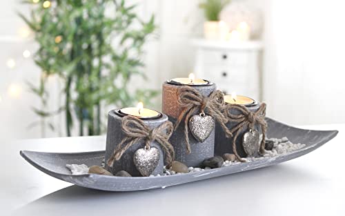 Dekotablett Teelichthalter Holz Herz Kerzenhalter Kerzentablett modern Edel mit Dekoteller (3er lang IK) von LB H&F