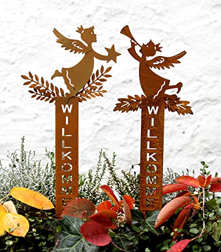 LB H&F 2er Set Engel Willkommen Stecker Gartendeko Weihnachtsdeko Deko Dekoration Herbst Winter Weihnachten Metall Rost Gartenstecker (2er Set Engel Willkommen) von LB H&F