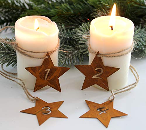 LB H&F 4er Set Adventskranz Zahlen 1-4 Deko Advent Rost Stern Metall Weihnachten KERZENANHÄNGER zum selber dekorieren in Sternform - (Adventskerzen - Rost) von LB H&F