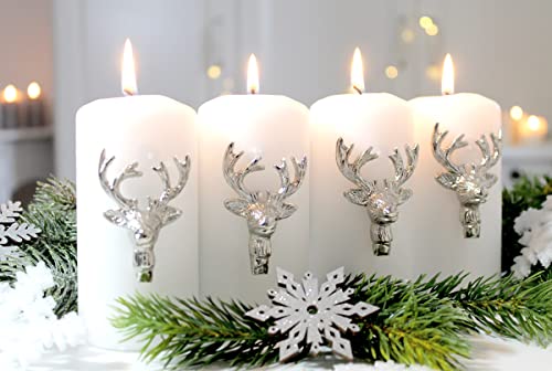4er Set Kerzenstecker Verzierung Stecker Kerzen Silber Advent Adventsdeko (Hirsch Kopf Geweih Silber) von LB H&F