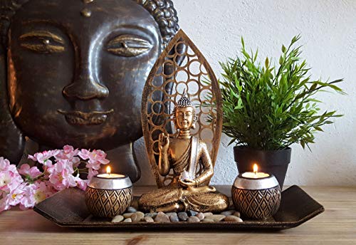 LB H&F Dekotablett Buddha Statue Gold Teelichthalter mit Deko-Steinen Kerzentablett modern Edel von LB H&F