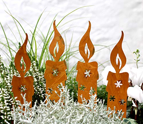 Lilienburg 4er Set Rostkerze Weihnachtsdeko Roststecker Rost Kerze Licht Metall wetterfest (4er Set Kerze), Unparfümiert von LB H&F