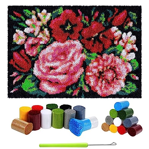 Knüpfteppich Latch Hook Kit DIY Tapisserie Teppich Zum Selber Knüpfen, Knüpfsets Knüpfen Set Kreuzstich Set Teppichherstellungs Handarbeit für Anfänger Erwachsene Kinder, 40x60cm Blume von LDFHOIN