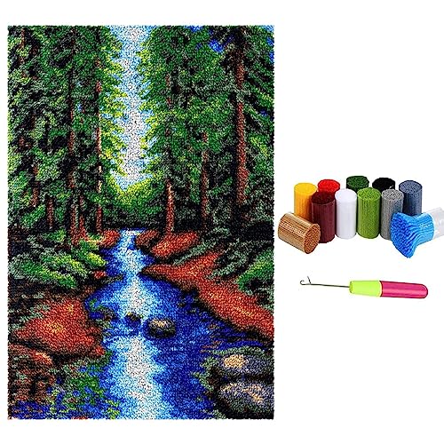 Knüpfteppich Zum Selber knüpfen mit Kissen, Teppich Set mit Werkzeug Knüpfsets Latch Hook Kit für Erwachsene, Knüpfen Teppich Knüpfpackung für Home Decor Geschenke (Wald, 60x90cm) von LDFHOIN