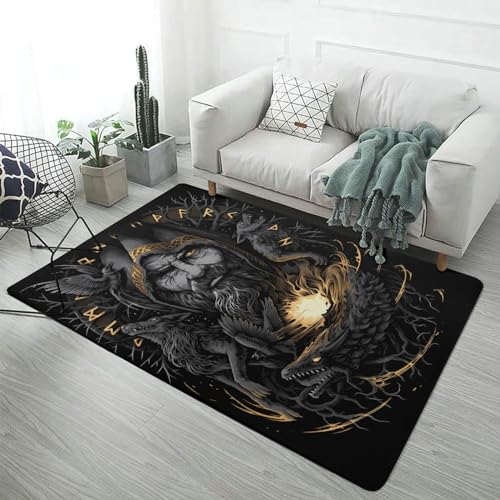 LDZDGD Nordischer Wikinger-Schlafzimmer-Wohnzimmer-Teppich, Weiche, Gemütliche Flanell-Decken Überwurf Matte, rutschfest, Waschbar, Moderne Ästhetische Heimdekoration(Color:Odin,Size:120 x 180CM) von LDZDGD