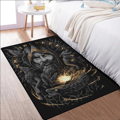 Vintage-Wikinger-Teppich – Nordischer Mythologie-Druckteppich, Weiche, Gemütliche Flanell-Decken Überwurf Matte – Rutschfest, Waschbar für Wohnzimmer, Küche und Badezimmer(Color:Odin,Size:120 x 160CM) von LDZDGD