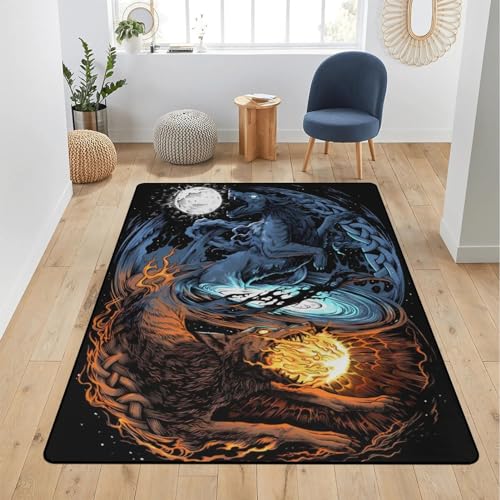 Vintage-Wikinger-Teppich – Nordischer Mythologie-Druckteppich, Weiche, Gemütliche Flanell-Decken Überwurf Matte – Rutschfest, Waschbar für Wohnzimmer, Küche und Badezimmer(Color:Yin Yang Wolf,Size:80 von LDZDGD