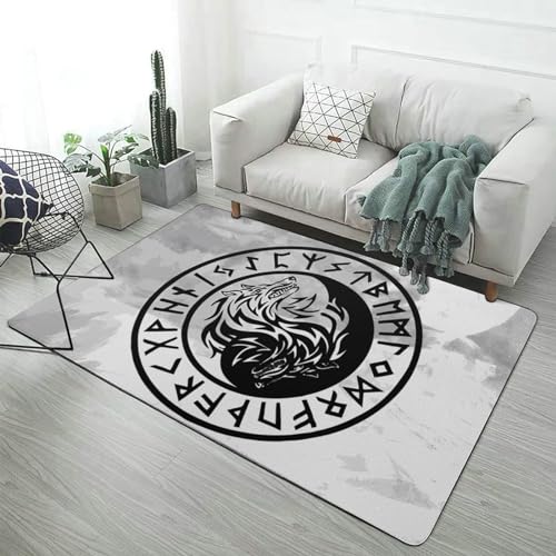 Wikinger-Teppich – Nordischer Mythologie-Druck, Weicher Flanell-Decken Überwurf für Drinnen und Draußen, Waschbarer Wohnzimmer-Schlafzimmer-Teppich mit Rutschfester Unterseite(Color:Yin Yang Wolf,Size von LDZDGD