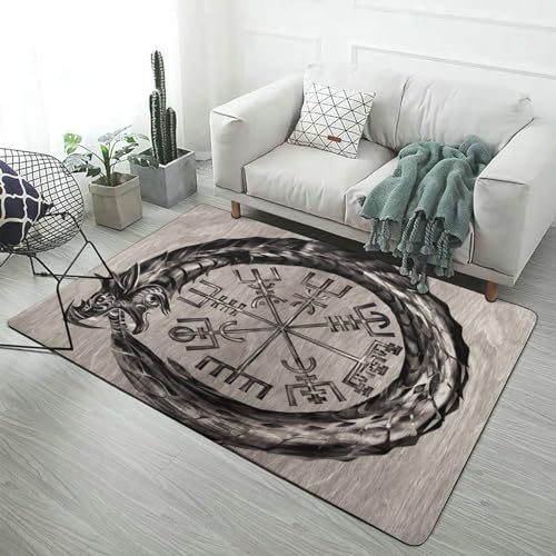 Wikinger-Teppich mit Nordischer Mythologie, Weicher, Langlebiger Flanell-Decken Überwurf, Faltbar, Schlafzimmer-Wohnzimmer-Dekor-Teppich, Rutschfest, Waschbar(Color:Ouroboros Vegvisir,Size:160 x 200CM von LDZDGD