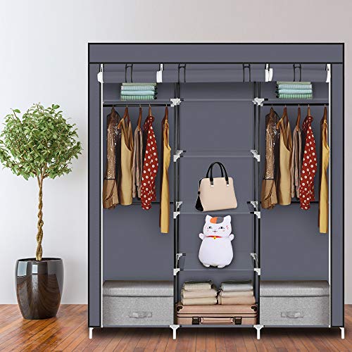 LEADZM Kleiderschrank, Faltschrank Stoffschrank Faltbare Garderobe Canvas mit Reißverschluss, Fächern, für Schlafzimmer, Wohnzimmer (Grau-1, 150 x 45 x 175 cm) von LEADZM