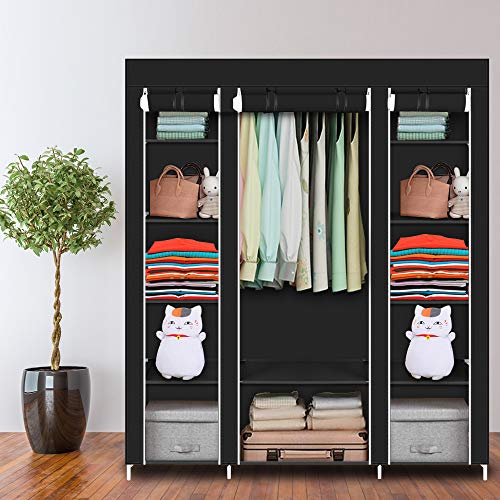 LEADZM Kleiderschrank, Faltschrank Stoffschrank Faltbare Garderobe Canvas mit Reißverschluss, Fächern, für Schlafzimmer, Wohnzimmer (Schwarz, 150 x 45 x 175 cm) von LEADZM