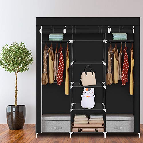 LEADZM Kleiderschrank, Faltschrank Stoffschrank Faltbare Garderobe Canvas mit Reißverschluss, Fächern, für Schlafzimmer, Wohnzimmer (Schwarz-1, 150 x 45 x 175 cm) von LEADZM