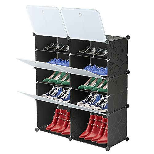 LEADZM Schuhschrank, 5-stufiger Schuhregal, Steckregal aus Kunststoff, mit Türen, Schuhaufbewahrung für 20 Paar Schuhe,für Schrank Flur Schlafzimmer, 80 x 30 x 90 cm, Schwarz von LEADZM