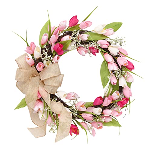 LEMCC Tulpenblumenkranz für Haustür 45 cm rosa Seidenblumenkranz mit Tulpen und grünen Blättern Jute-Schleife Frühlingskranz für Hochzeit, Fenster, Wand, Heimdekoration, 45 cm von LEMCC