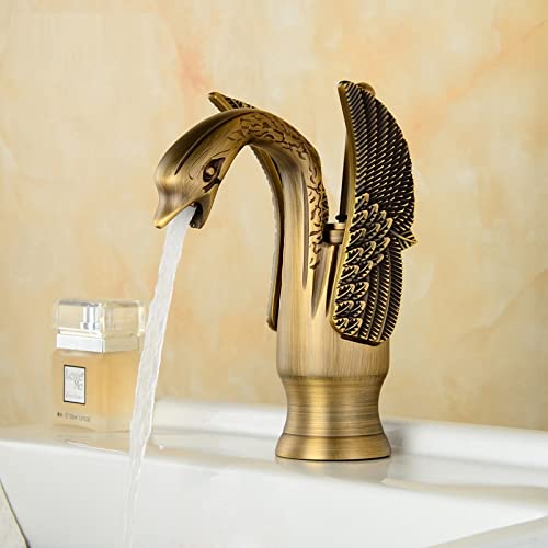 Wasserhahn Europäisches Gold Antike Farbe Waschbecken Wasserhahn heiß und kalt Vollkupfer-Arbeitsplatte Waschbecken Schwan Wasserhahn, Antiker Zwerg von LEMITA