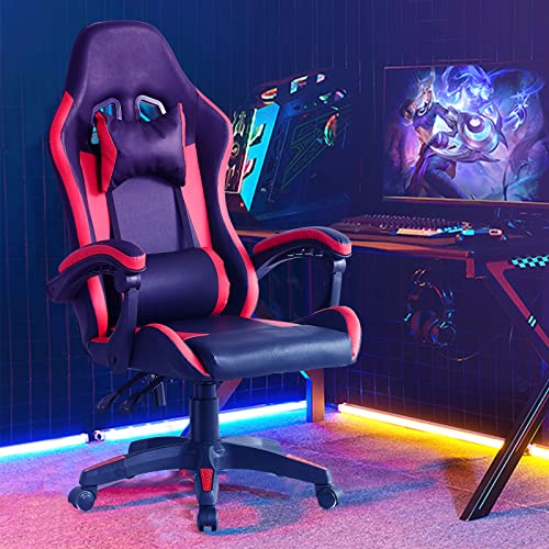 LEMROE Professioneller Videospiel-Stuhl aus Kunstleder mit hoher Rückenlehne und Fußstütze, 360 Grad drehbar, Schaukelstuhl für Zuhause und Büro (rot) von LEMROE